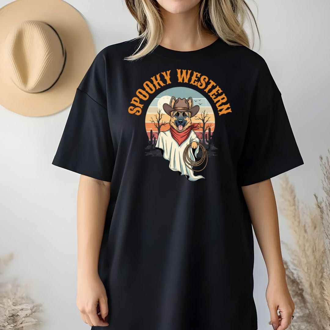 Spooky Western Cowboy Ghost Dog Shirt - German Shepherd Halloween T-Shirt - Cute Vintage Ghost Tee - ghost dog shirt  spooky dog shirt