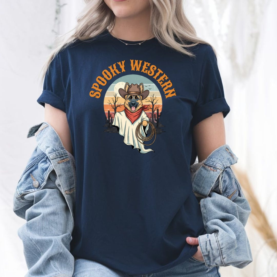 Spooky Western Cowboy Ghost Dog Shirt - German Shepherd Halloween T-Shirt - Cute Vintage Ghost Tee - ghost dog shirt  spooky dog shirt