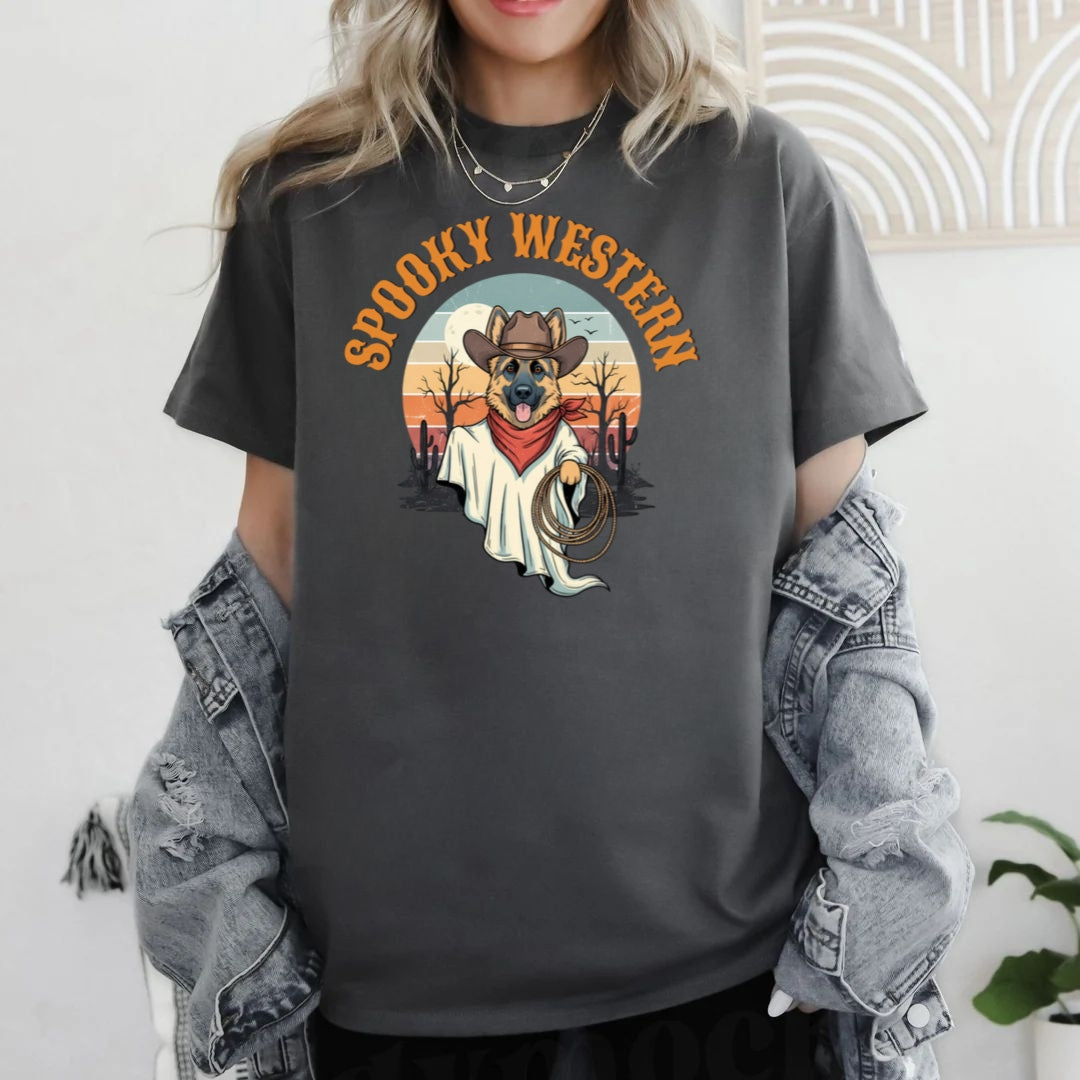Spooky Western Cowboy Ghost Dog Shirt - German Shepherd Halloween T-Shirt - Cute Vintage Ghost Tee - ghost dog shirt  spooky dog shirt