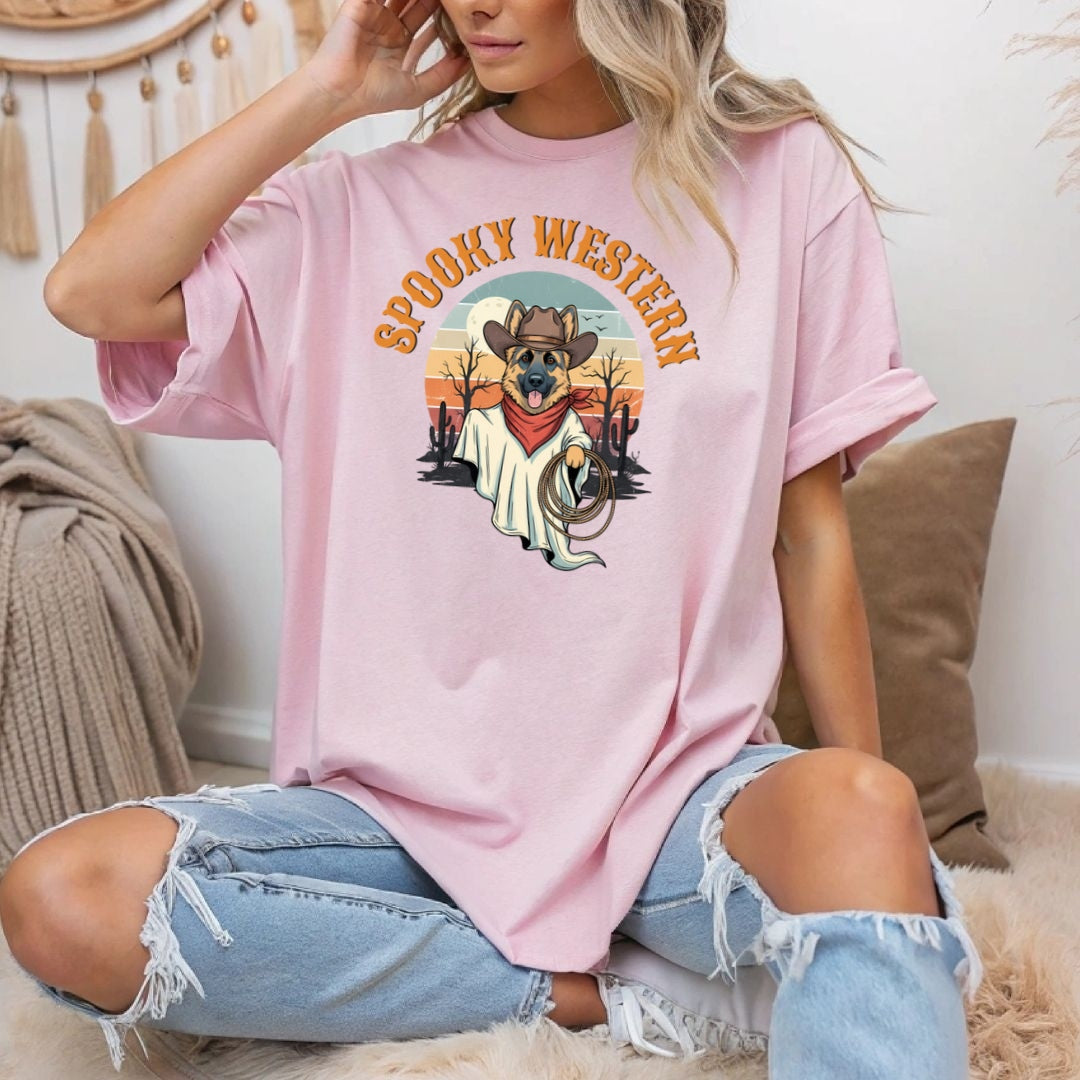 Spooky Western Cowboy Ghost Dog Shirt - German Shepherd Halloween T-Shirt - Cute Vintage Ghost Tee - ghost dog shirt  spooky dog shirt