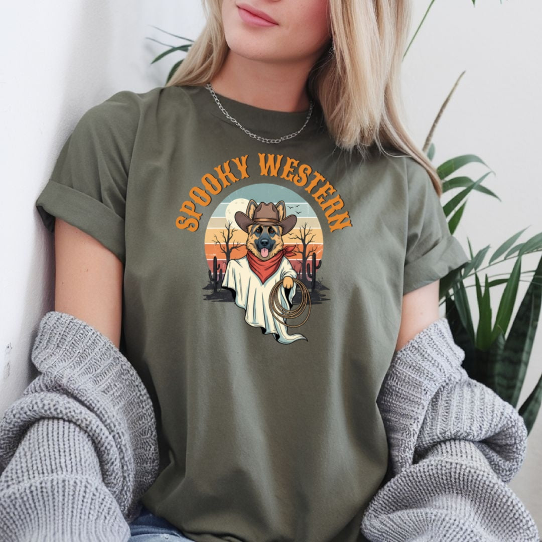 Spooky Western Cowboy Ghost Dog Shirt - German Shepherd Halloween T-Shirt - Cute Vintage Ghost Tee - ghost dog shirt  spooky dog shirt