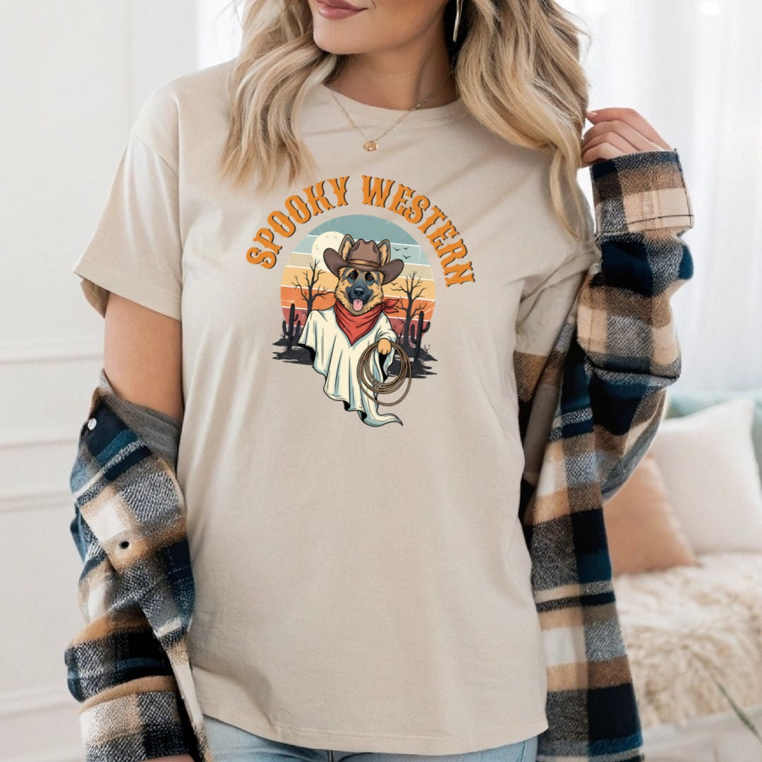 Spooky Western Cowboy Ghost Dog Shirt - German Shepherd Halloween T-Shirt - Cute Vintage Ghost Tee - ghost dog shirt  spooky dog shirt