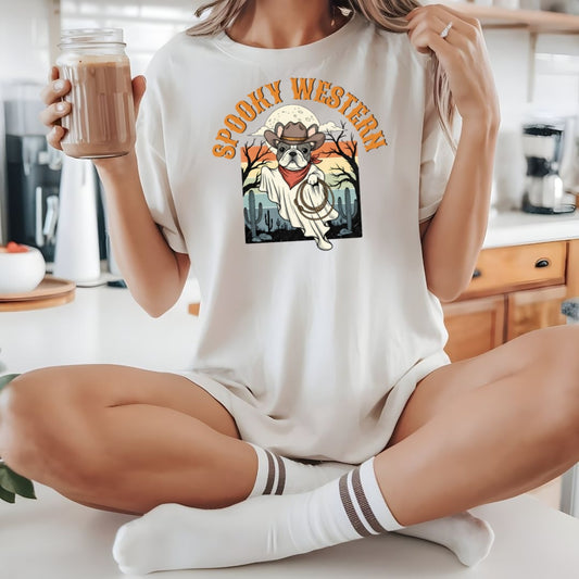 Spooky Western Cowboy Ghost Dog Shirt | Vintage Halloween Bulldog Tee