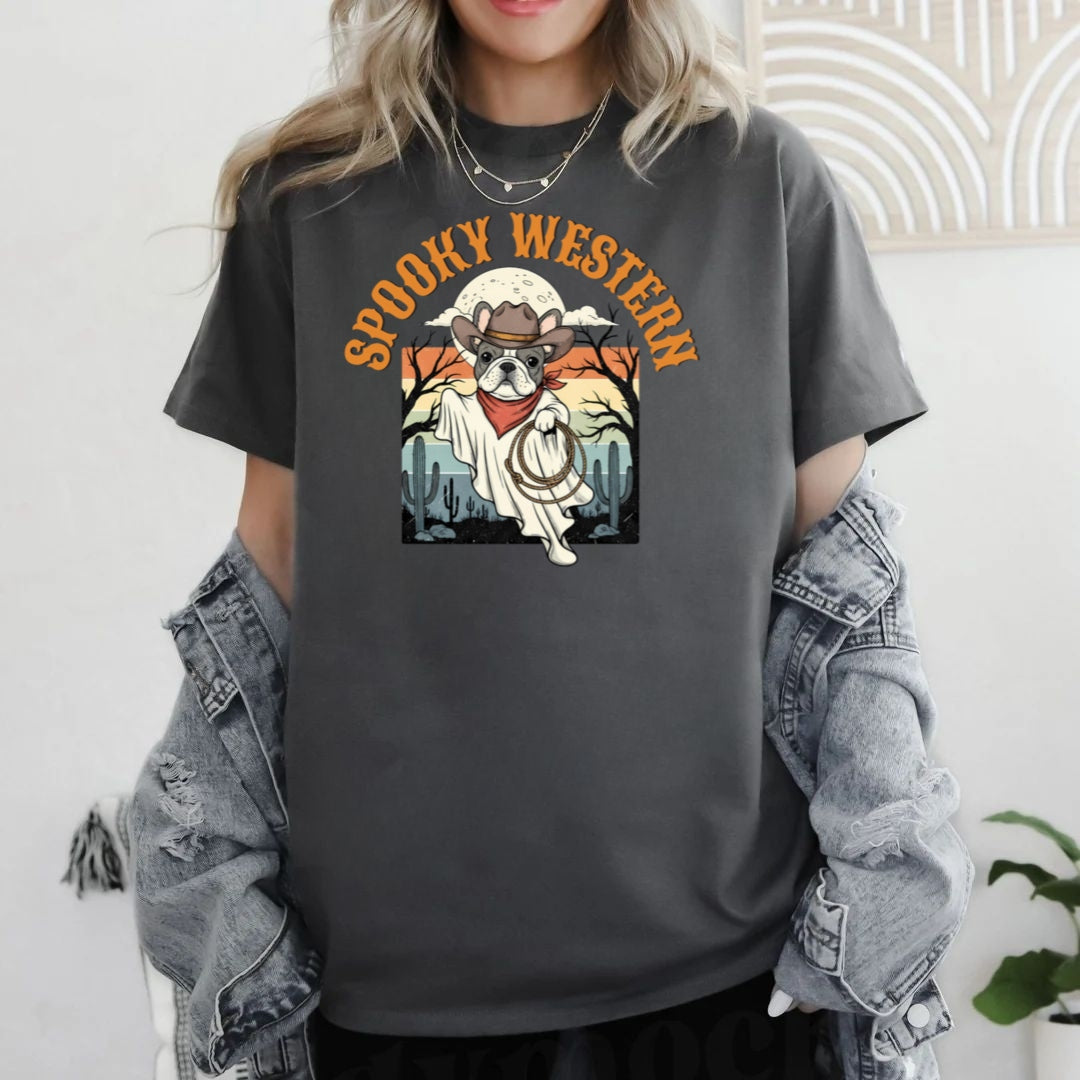 Spooky Western Cowboy Ghost Dog Shirt | Vintage Halloween Bulldog Tee