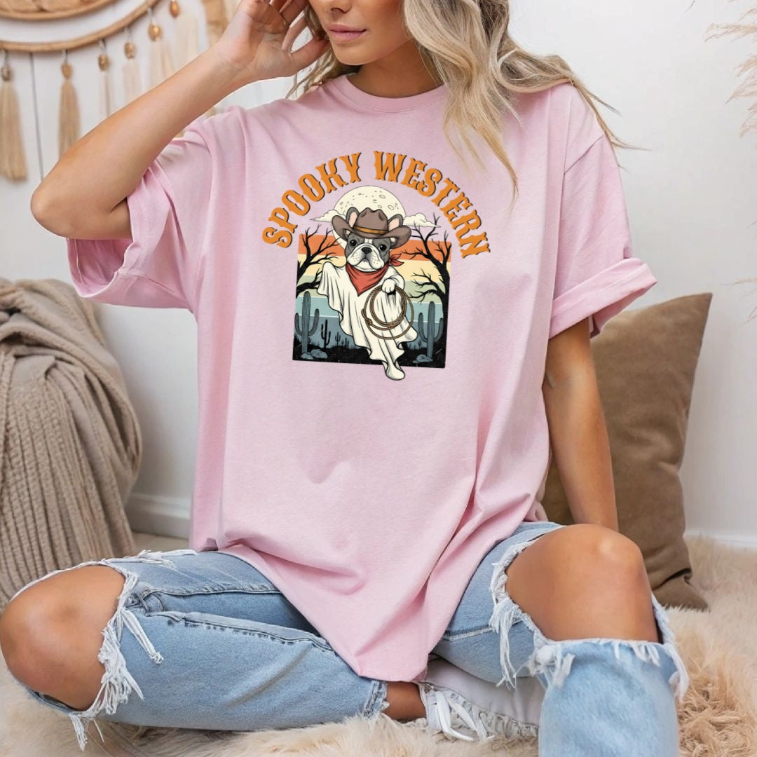 Spooky Western Cowboy Ghost Dog Shirt | Vintage Halloween Bulldog Tee