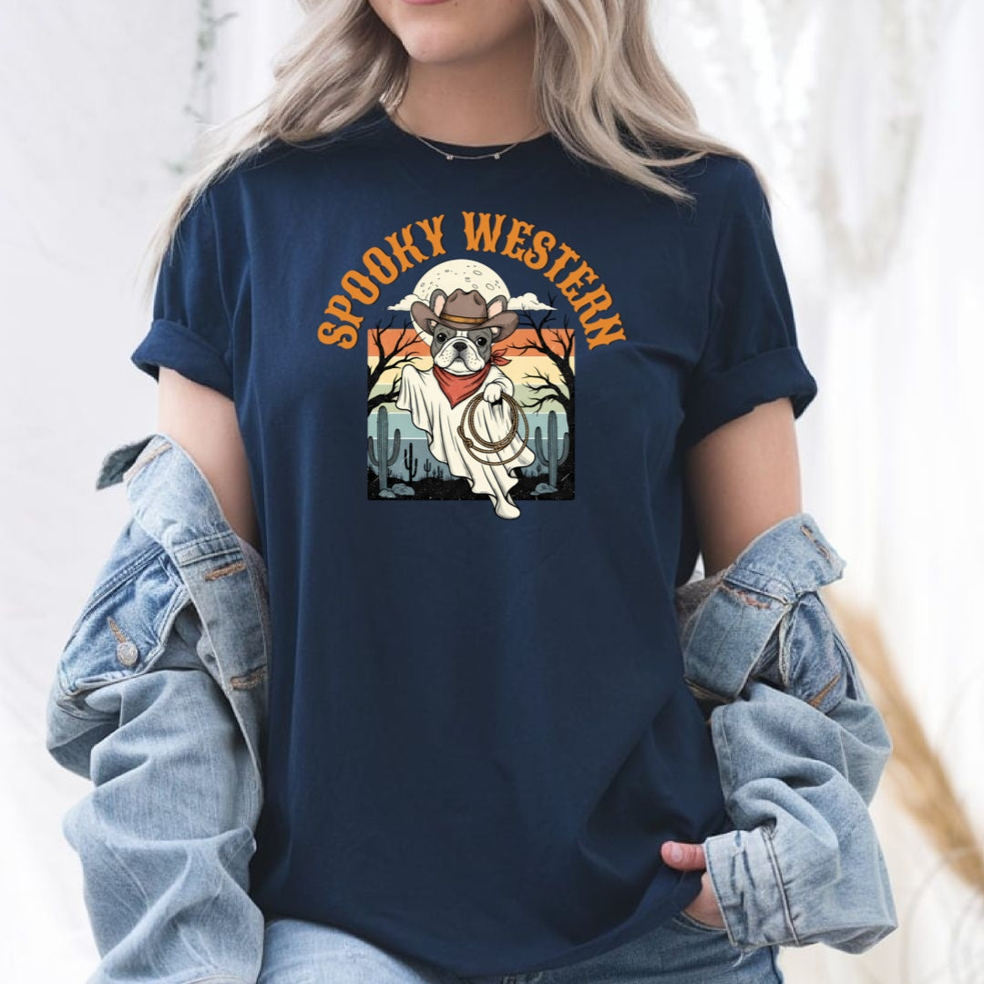 Spooky Western Cowboy Ghost Dog Shirt | Vintage Halloween Bulldog Tee