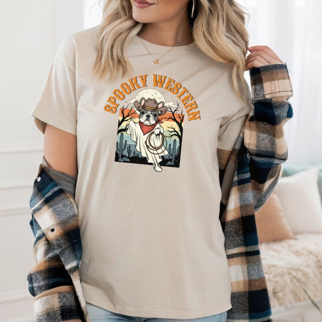 Spooky Western Cowboy Ghost Dog Shirt | Vintage Halloween Bulldog Tee