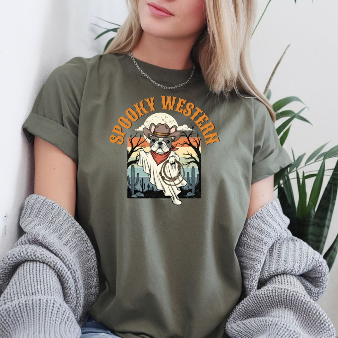 Spooky Western Cowboy Ghost Dog Shirt | Vintage Halloween Bulldog Tee