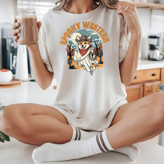 Spooky Western Ghost Dog Shirt – Corgi Halloween Cowboy T-Shirt, Vintage Cute Dog Lover Tee