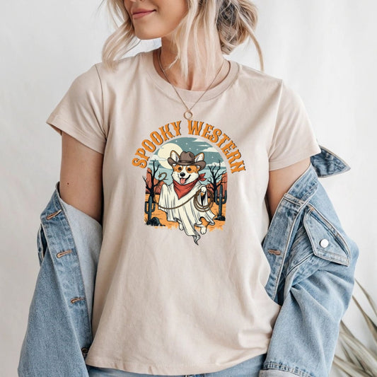 Spooky Western Ghost Dog Shirt – Corgi Halloween Cowboy T-Shirt, Vintage Cute Dog Lover Tee