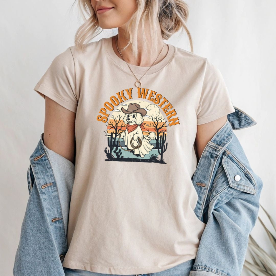 Spooky Western Ghost Dog Shirt – Poodle Halloween Cowboy T-Shirt, Cute Vintage Ghost Tee for Dog Lovers