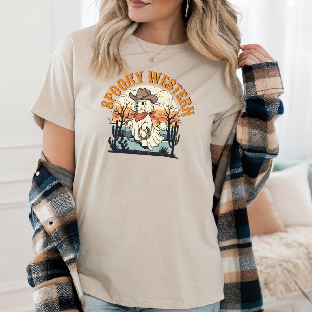 Spooky Western Ghost Dog Shirt – Poodle Halloween Cowboy T-Shirt, Cute Vintage Ghost Tee for Dog Lovers