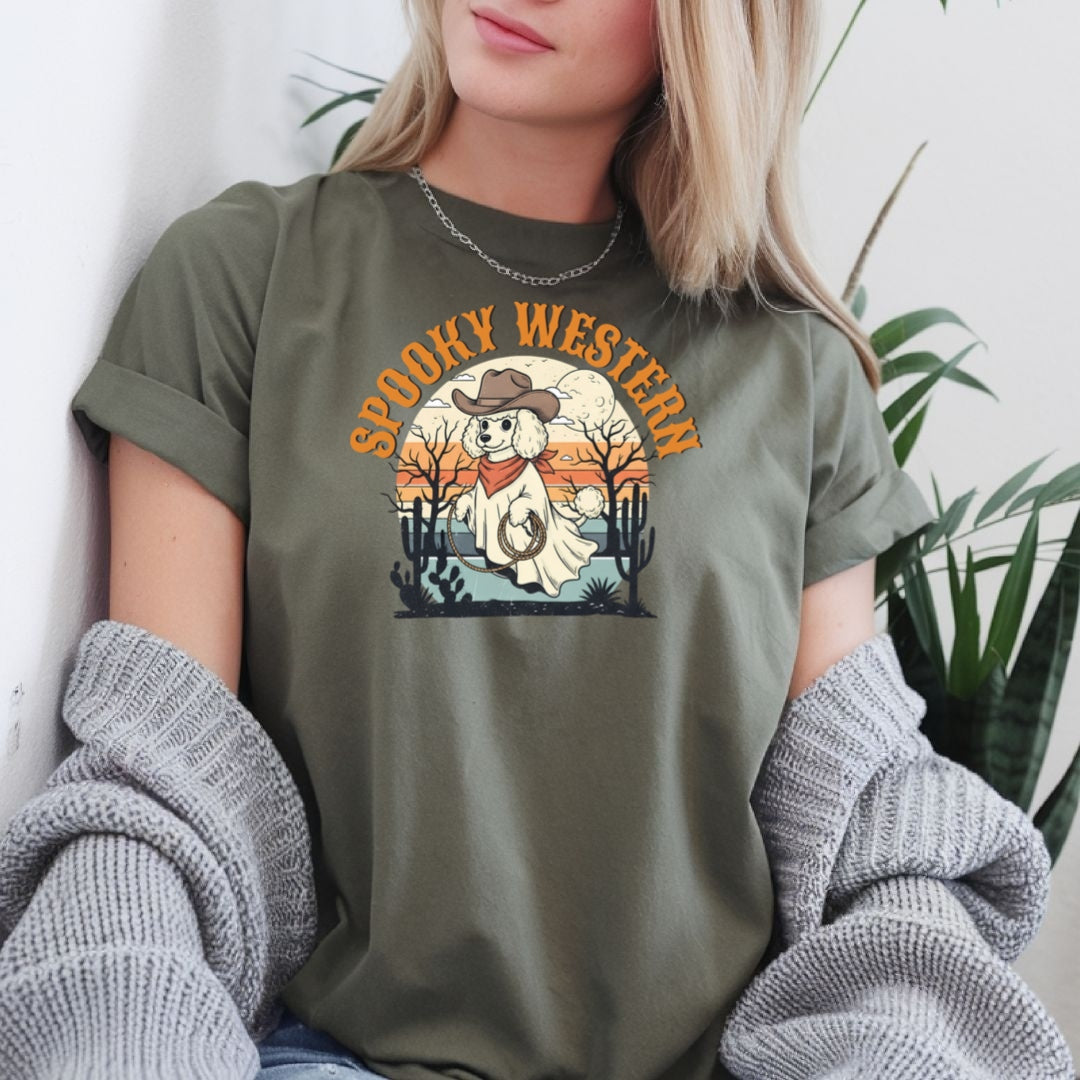 Spooky Western Ghost Dog Shirt – Poodle Halloween Cowboy T-Shirt, Cute Vintage Ghost Tee for Dog Lovers