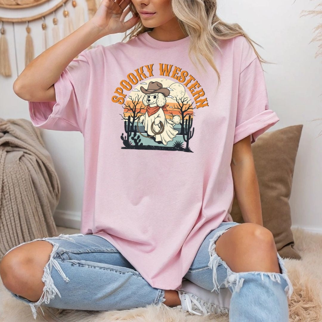 Spooky Western Ghost Dog Shirt – Poodle Halloween Cowboy T-Shirt, Cute Vintage Ghost Tee for Dog Lovers