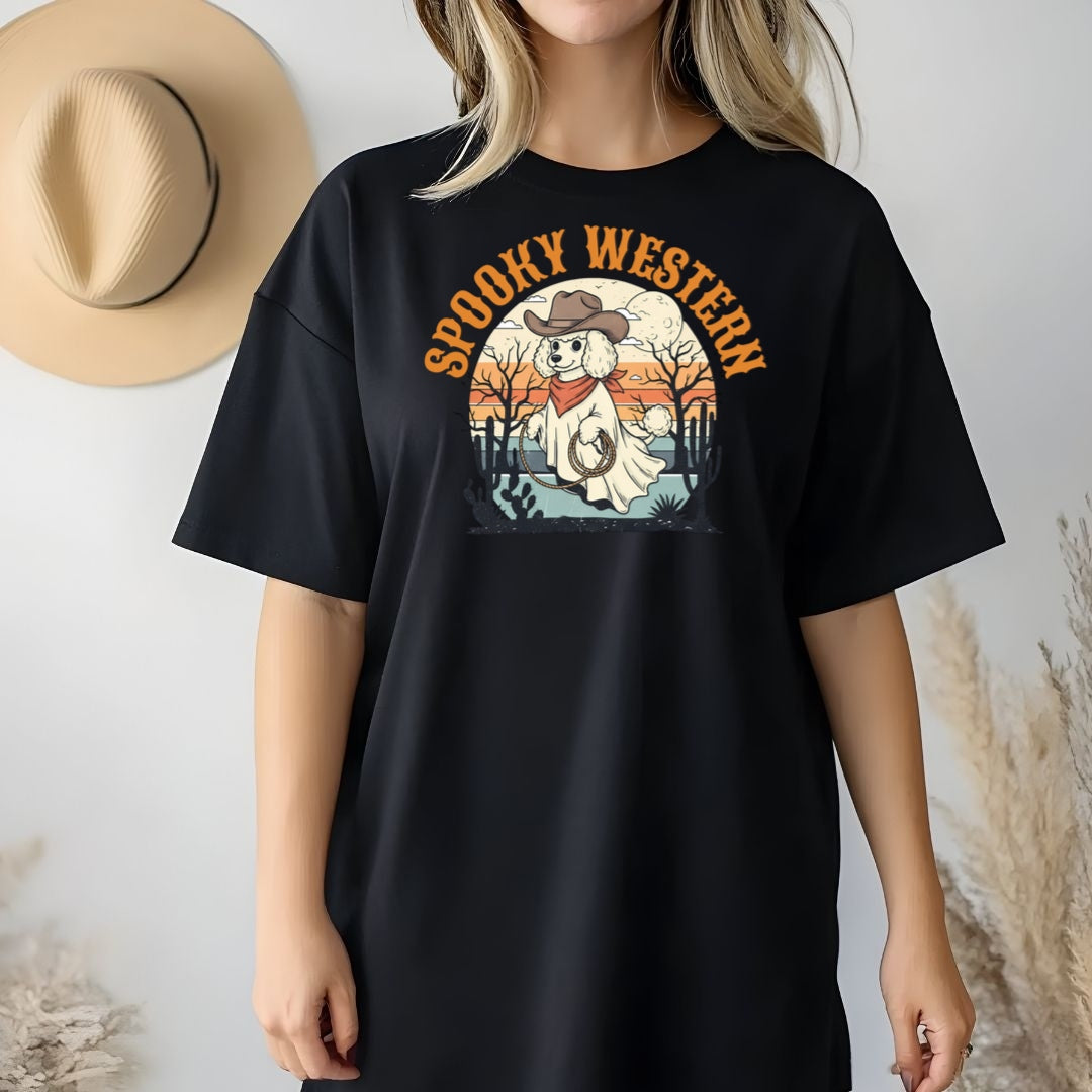 Spooky Western Ghost Dog Shirt – Poodle Halloween Cowboy T-Shirt, Cute Vintage Ghost Tee for Dog Lovers