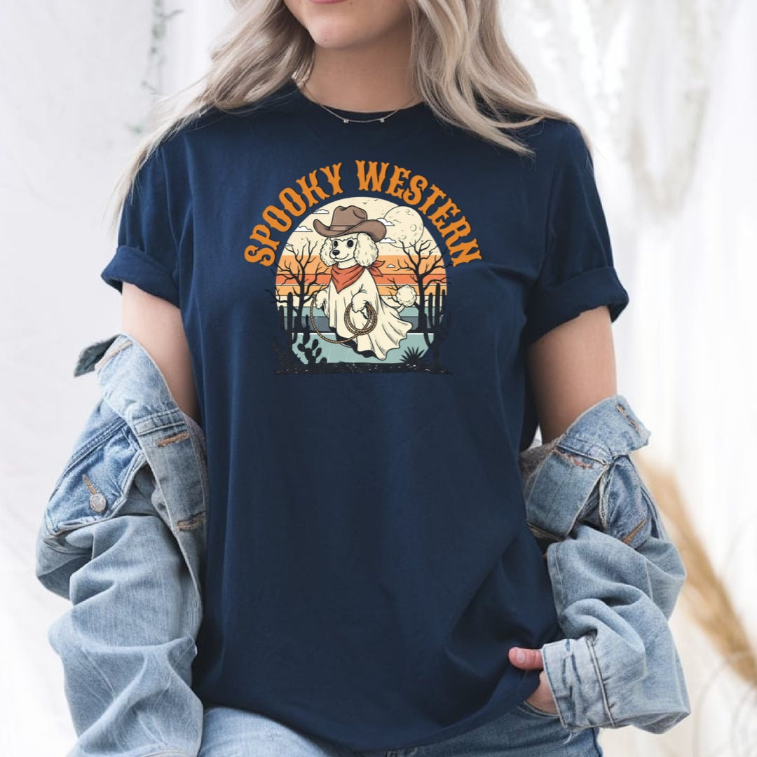 Spooky Western Ghost Dog Shirt – Poodle Halloween Cowboy T-Shirt, Cute Vintage Ghost Tee for Dog Lovers