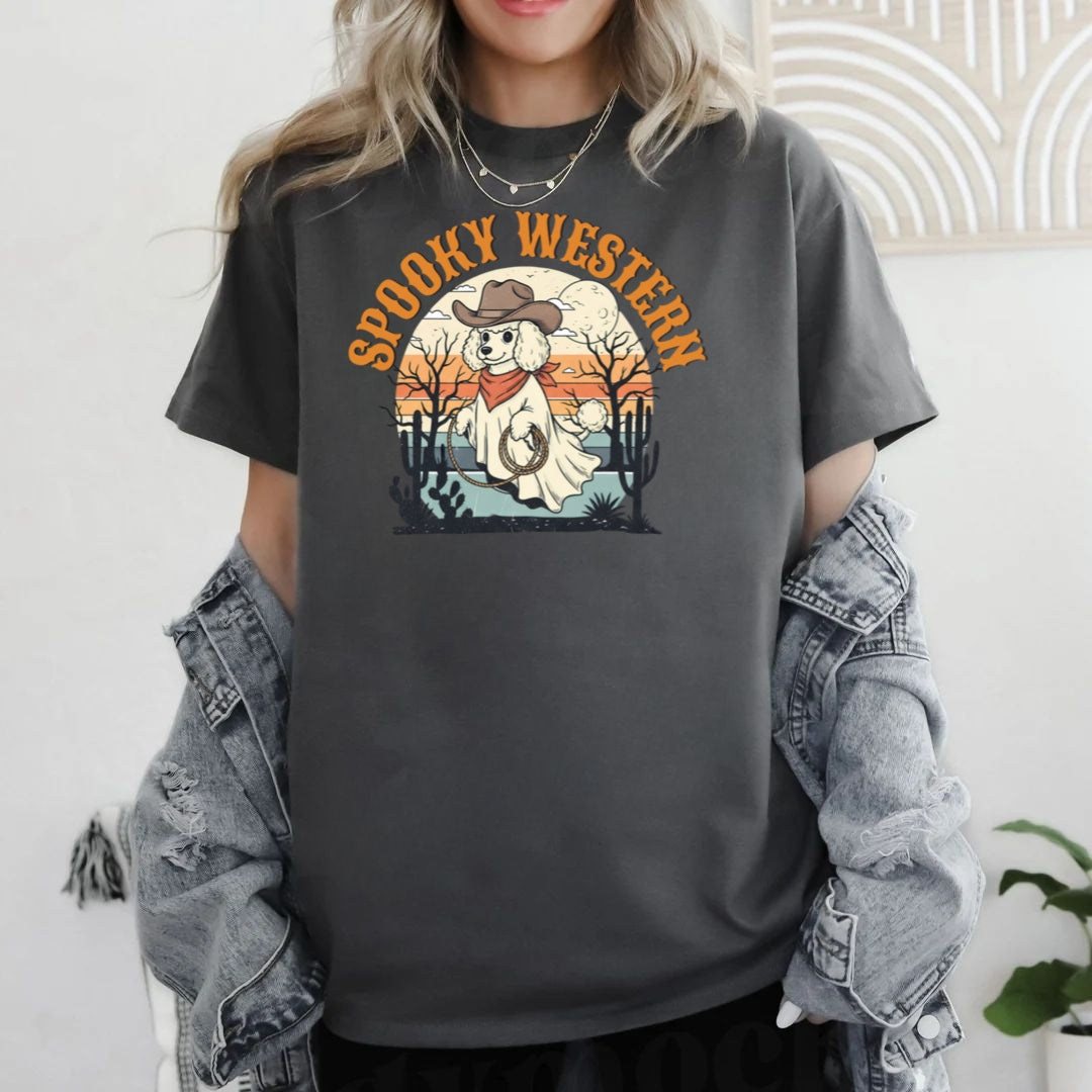Spooky Western Ghost Dog Shirt – Poodle Halloween Cowboy T-Shirt, Cute Vintage Ghost Tee for Dog Lovers